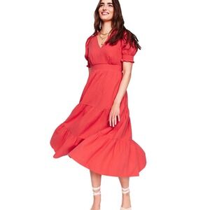 Boden Anna Double Cloth Midi Dress Jam Red Pink Puff Sleeve Tiered Cotton US 12R